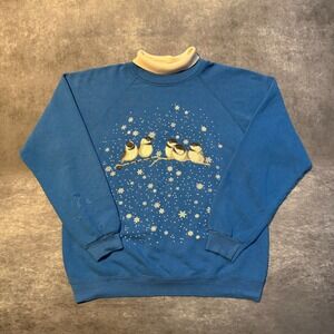 Vintage Chickadee Bird Snowflake Sweatshirt Blue Mock Neck Large Made in USA